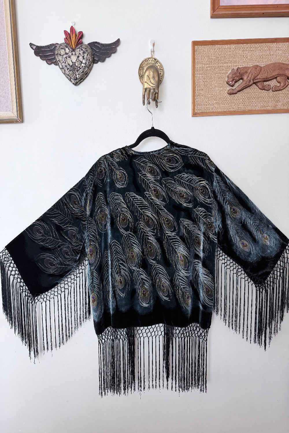 Black velvet silk jacket peacock feathers with fringe 