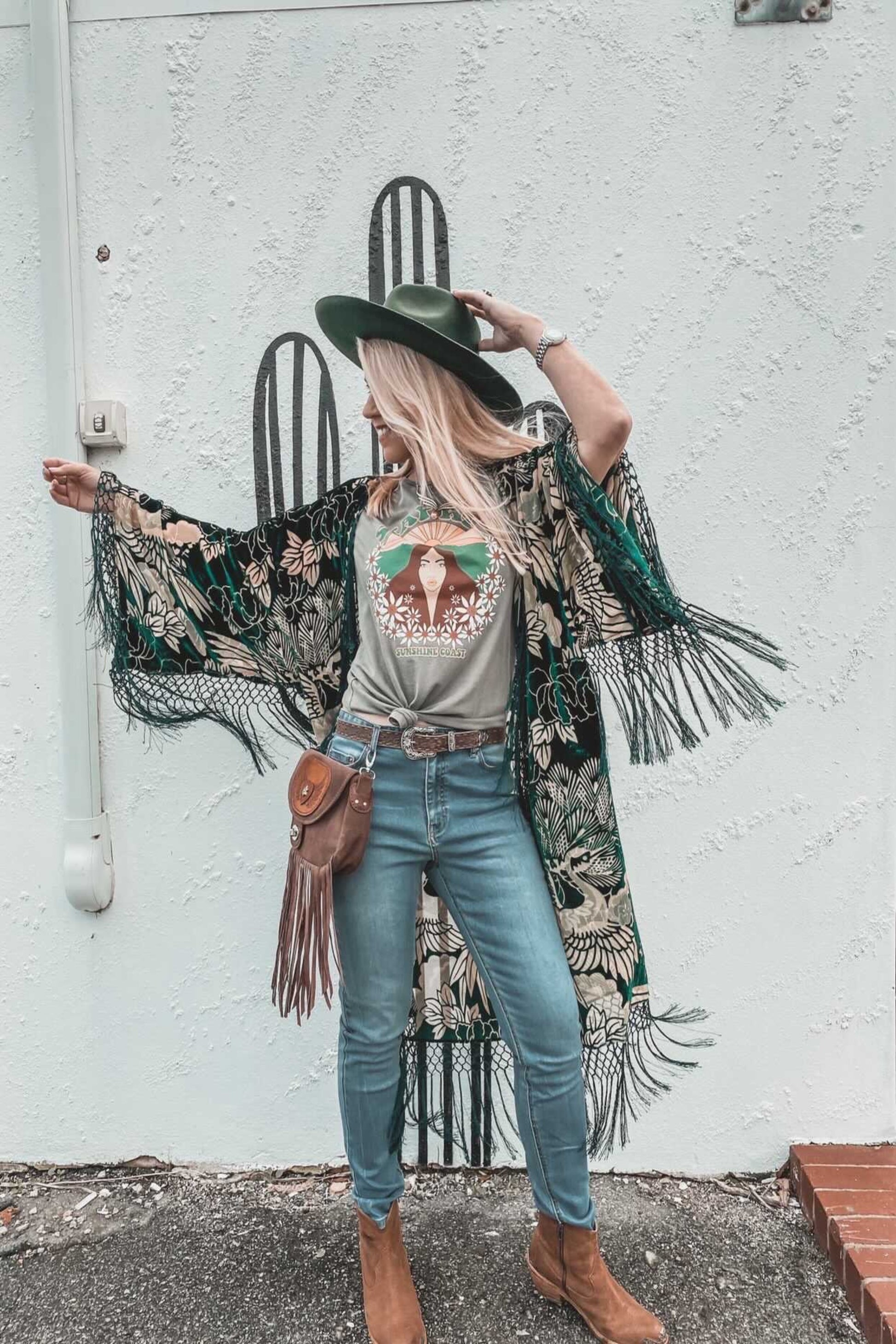 Cranes In The Sky Emerald Green - Wide Sleeve Robe
