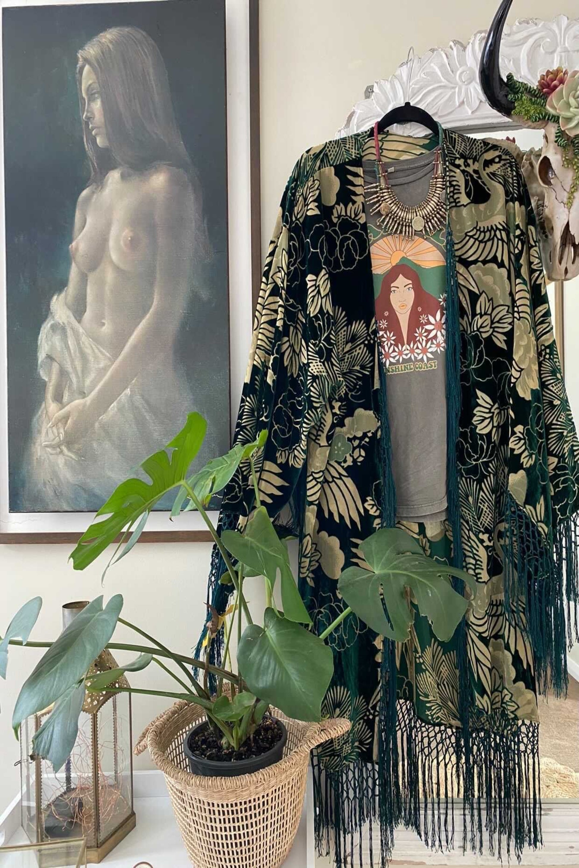 Cranes In The Sky Emerald Green - Wide Sleeve Robe