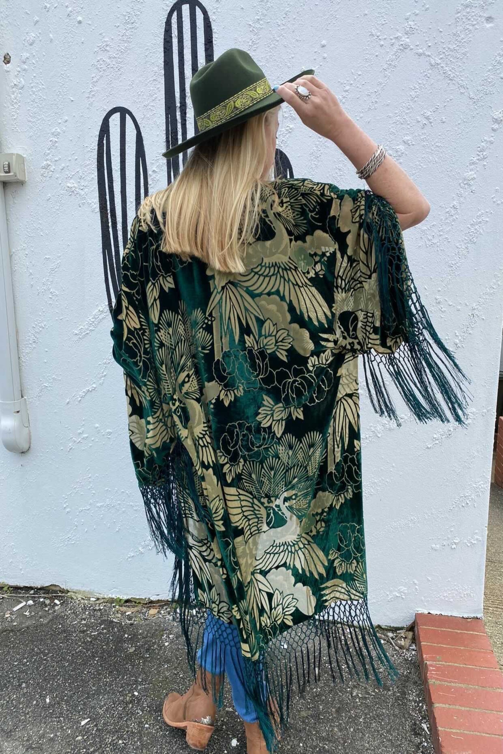 Cranes In The Sky Emerald Green - Wide Sleeve Robe