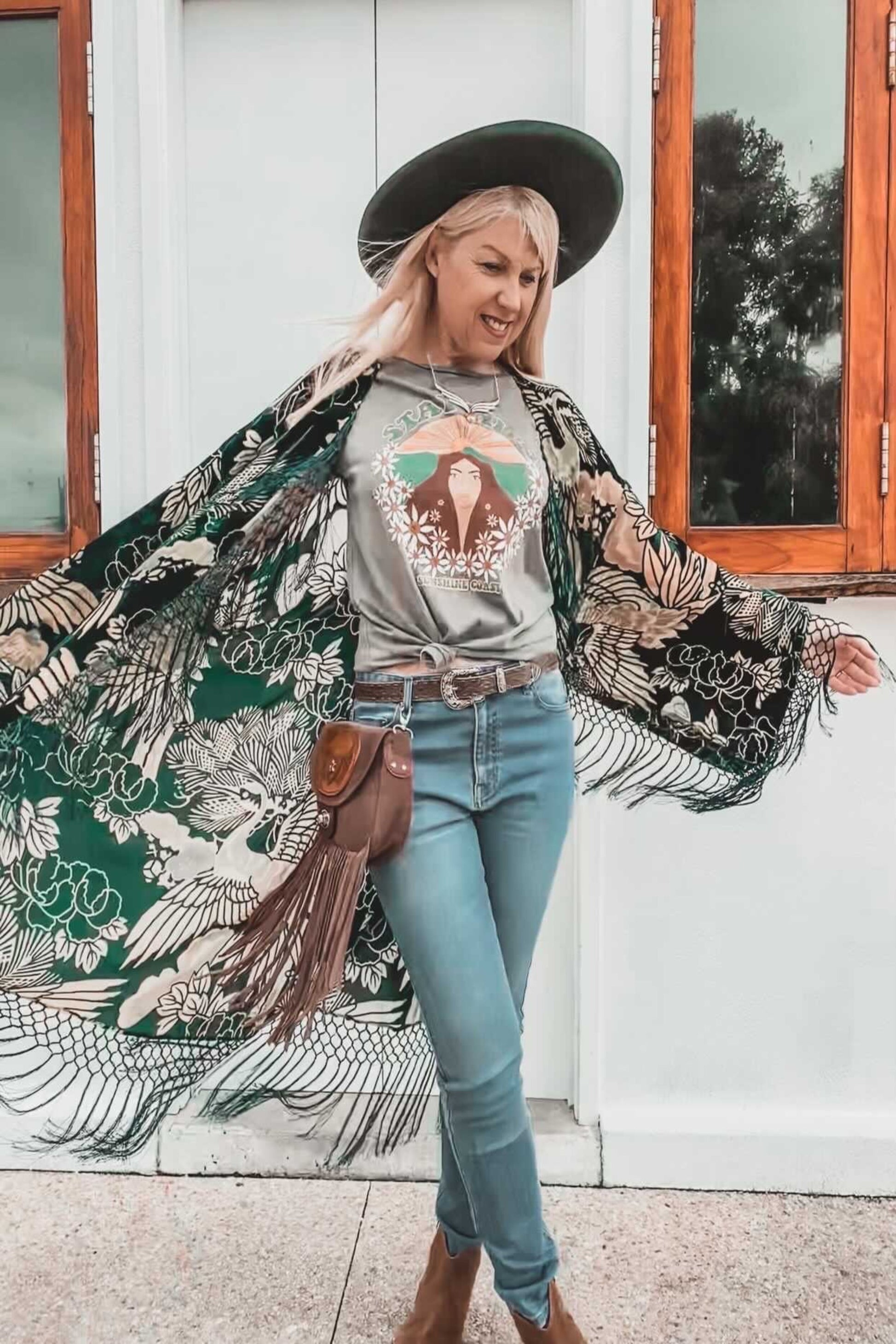 Cranes In The Sky Emerald Green - Wide Sleeve Robe