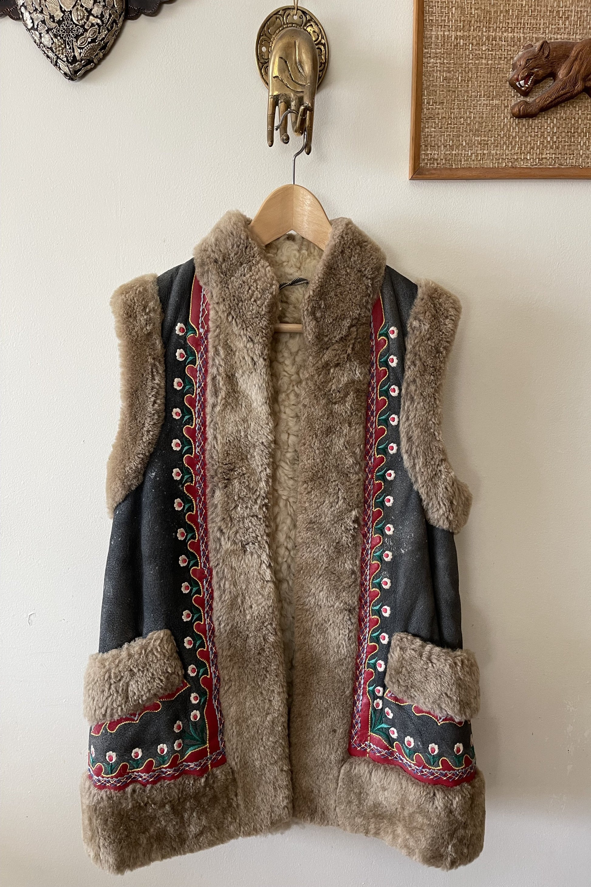 Vintage 1960s Embroidered Hungarian Shearling Afghan Vest