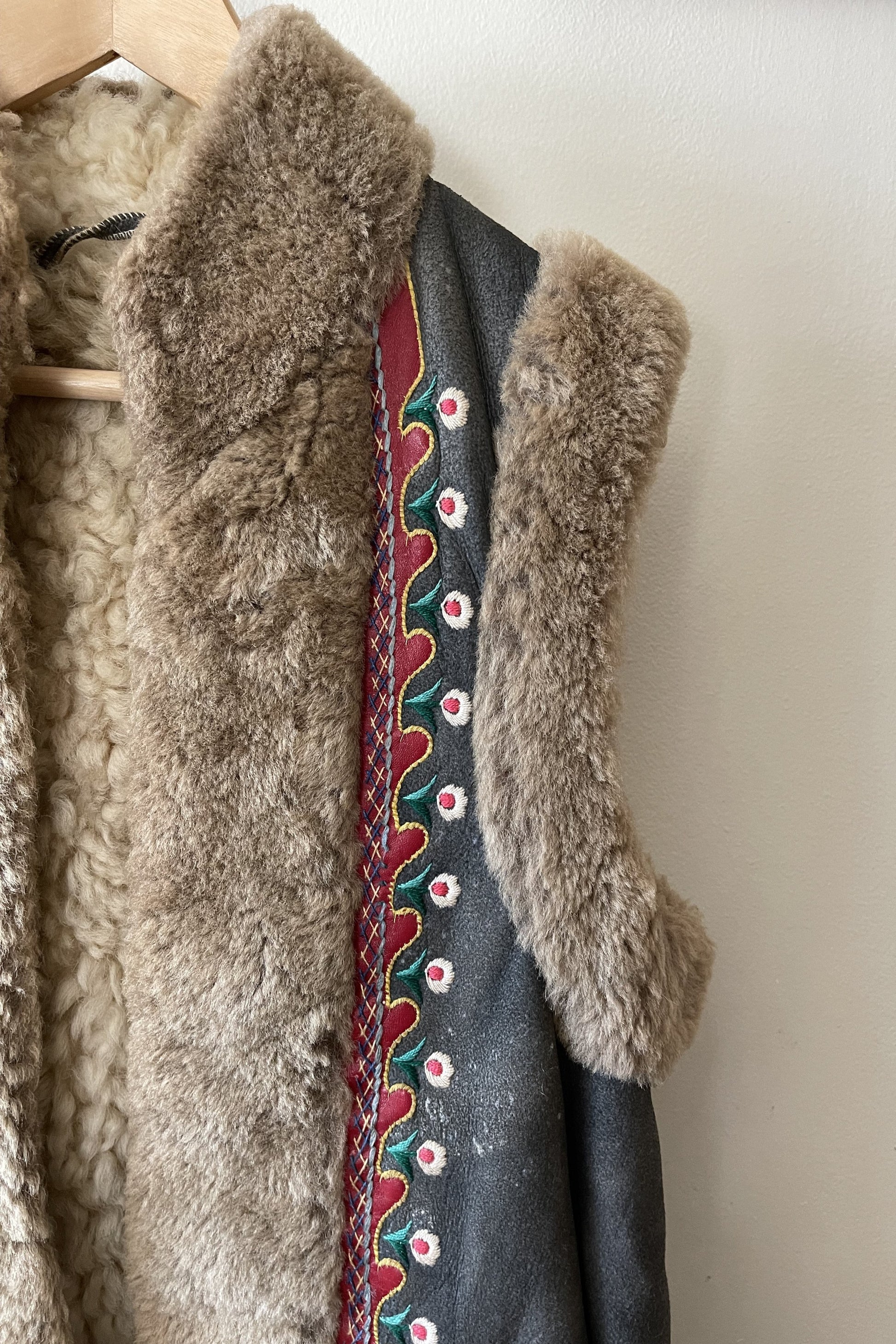 Vintage 1960s Embroidered Hungarian Shearling Afghan Vest