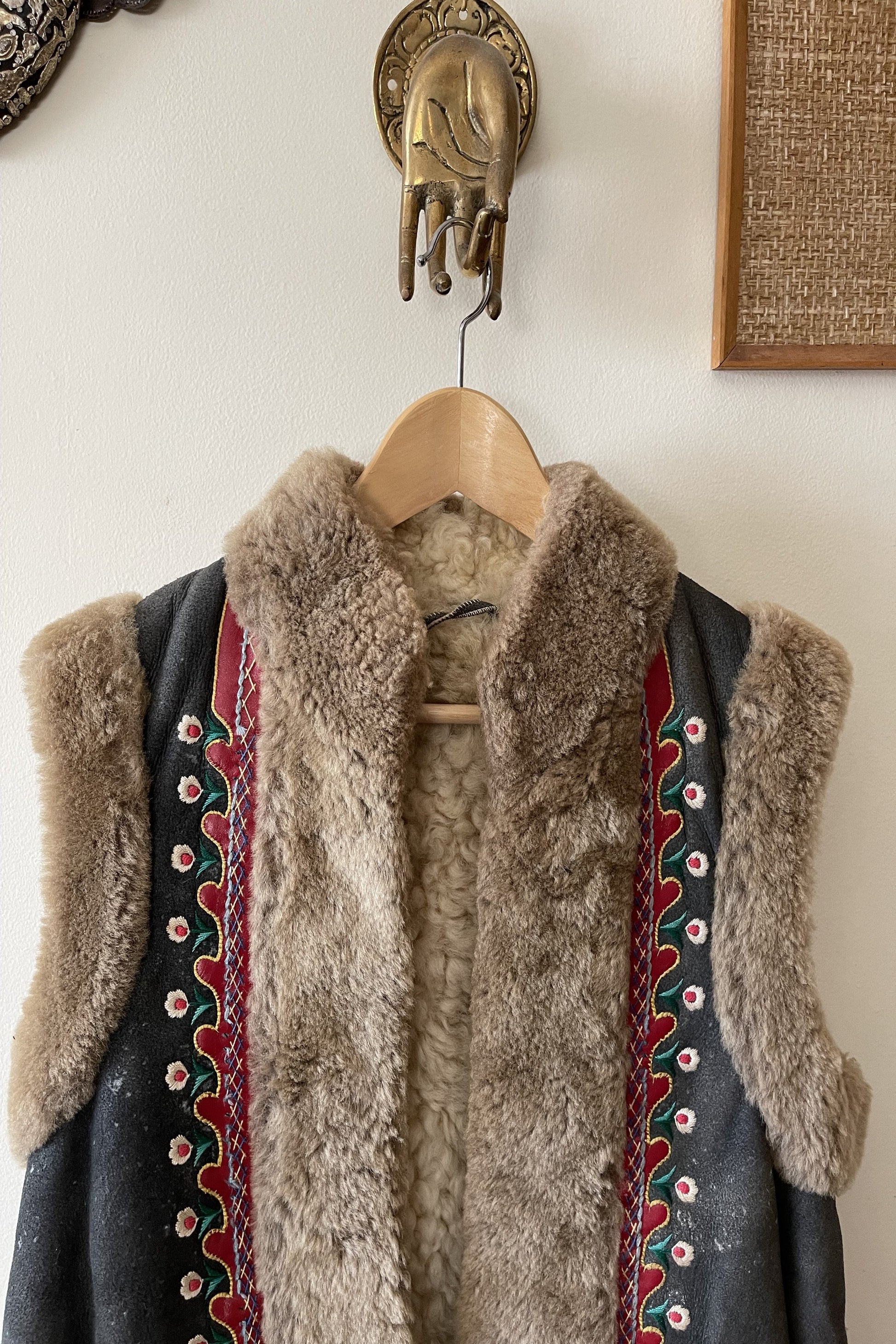 Vintage 1960s Embroidered Hungarian Shearling Afghan Vest
