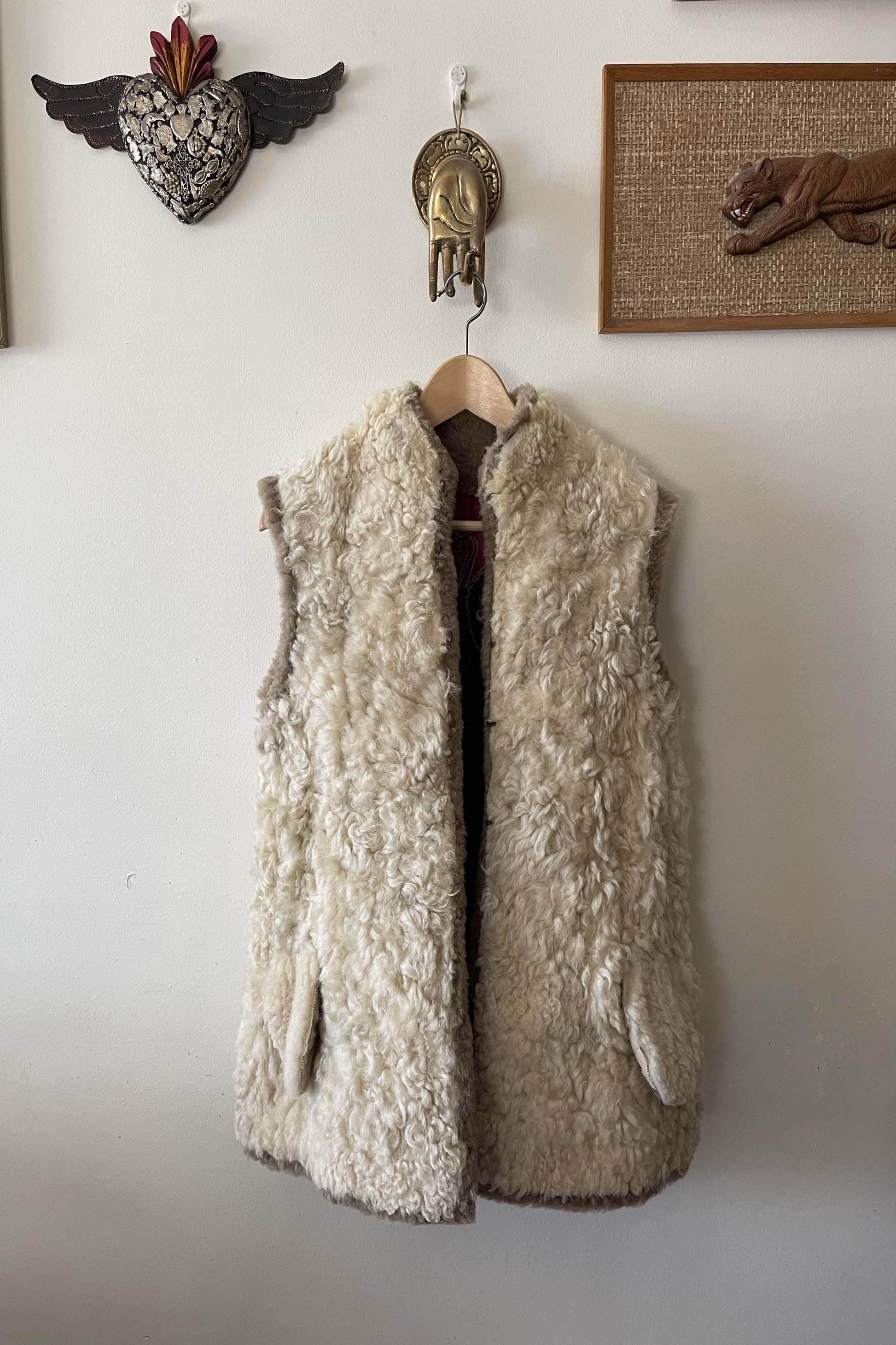 Vintage 1960s Embroidered Hungarian Shearling Afghan Vest