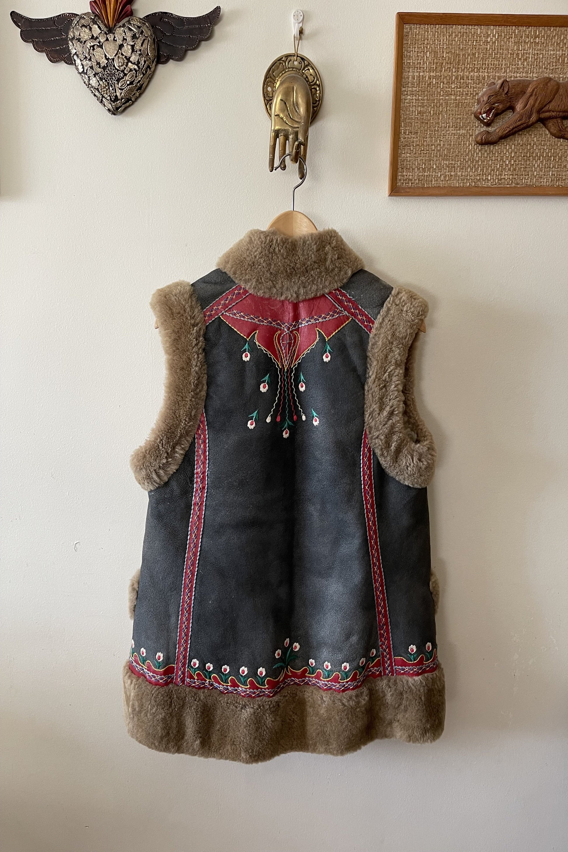 Vintage 1960s Embroidered Hungarian Shearling Afghan Vest