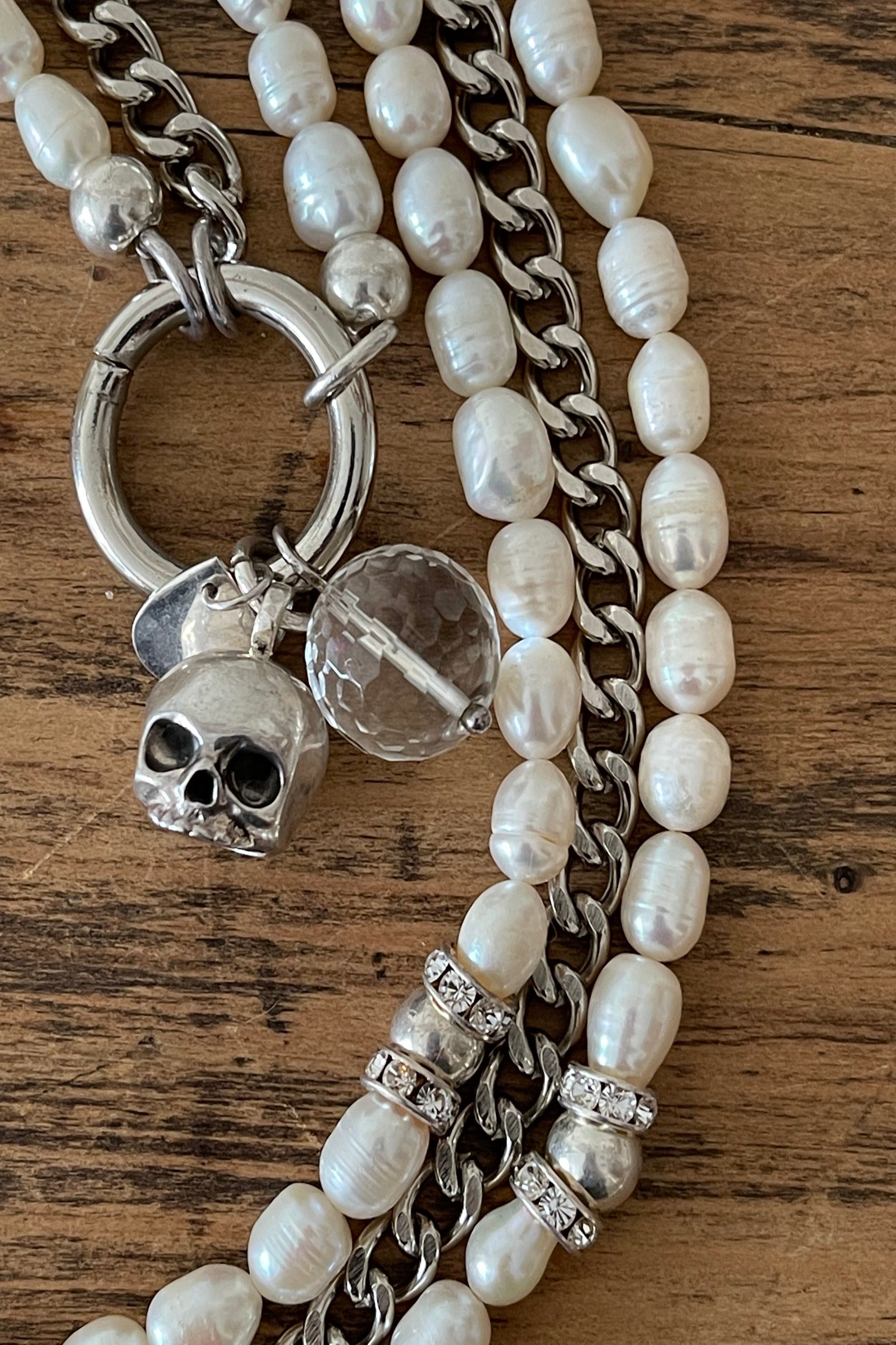 Heavy Chain Freshwater Pearl & Skull Crystal Pendant