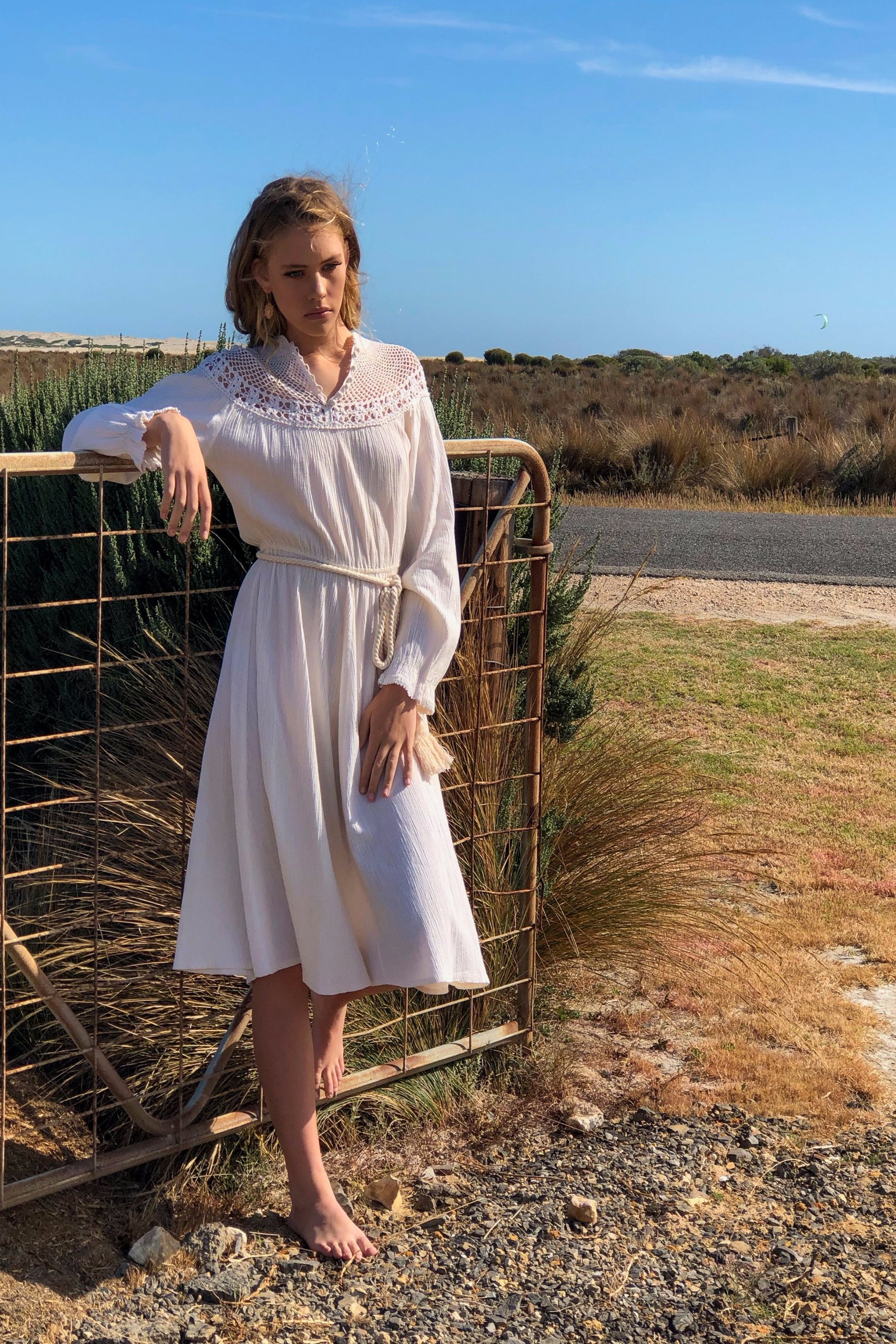 Vintage 1970s Ivory Cotton Gauze Dress With Crochet Yoke