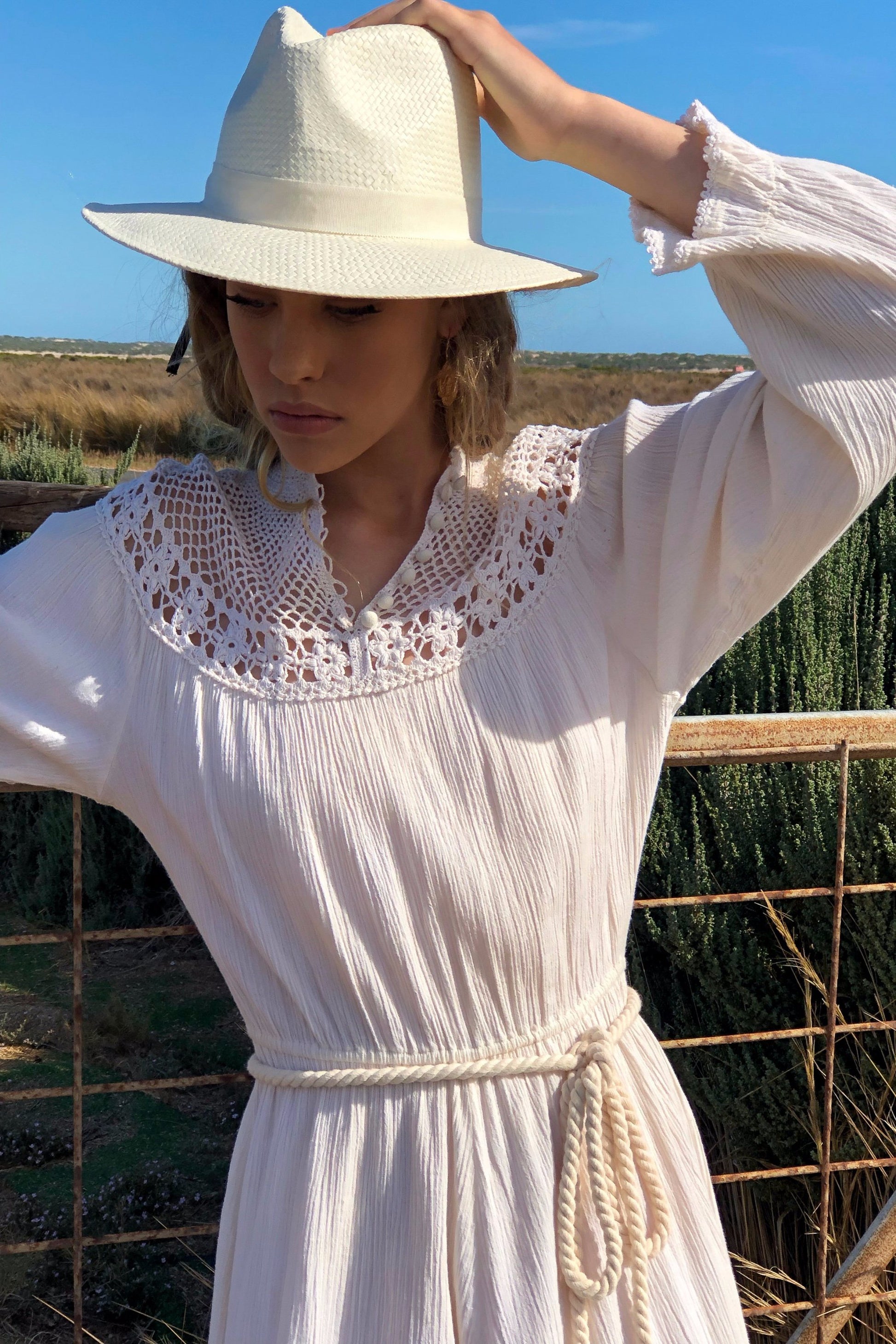 Vintage 1970s Ivory Cotton Gauze Dress With Crochet Yoke