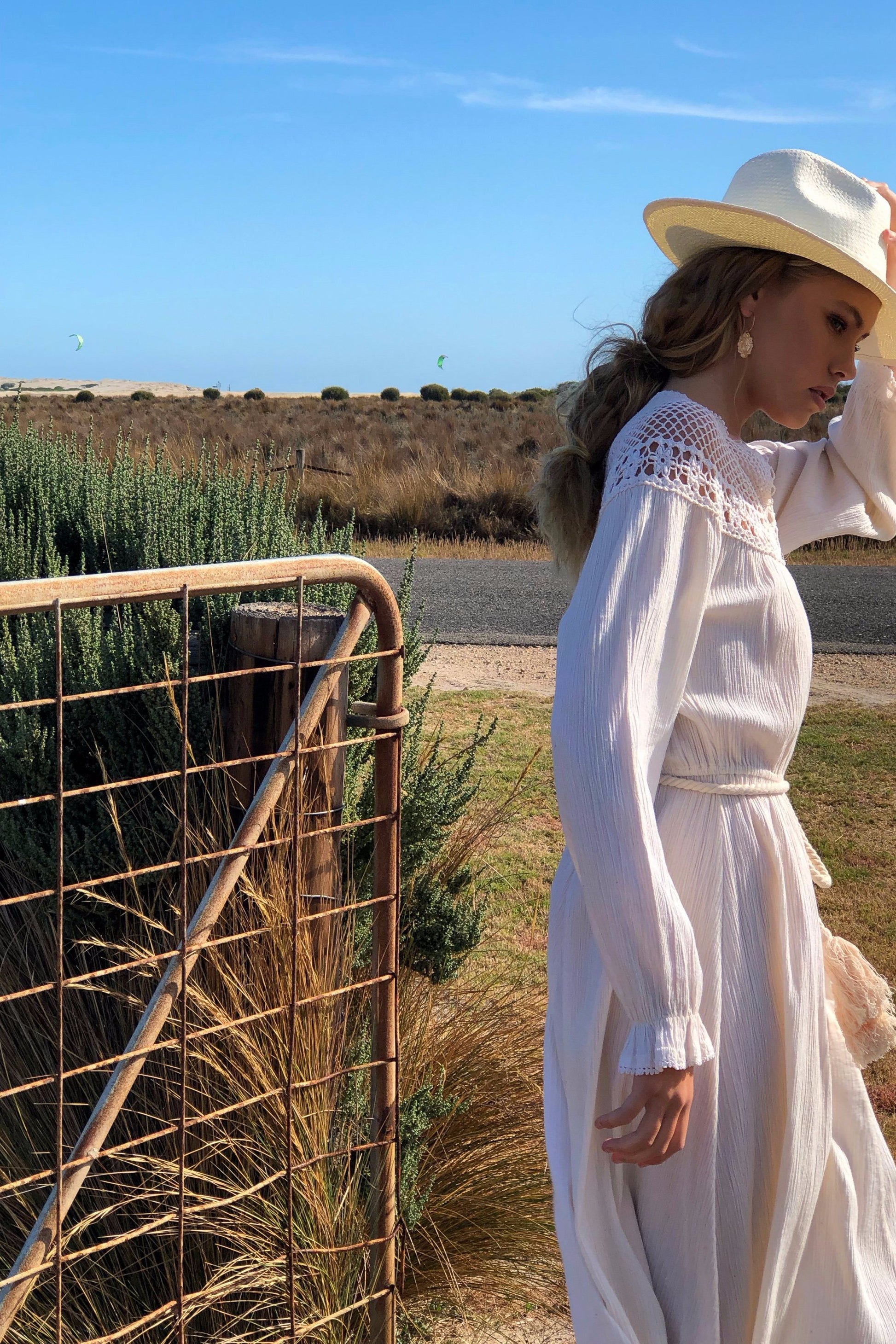 Vintage 1970s Ivory Cotton Gauze Dress With Crochet Yoke