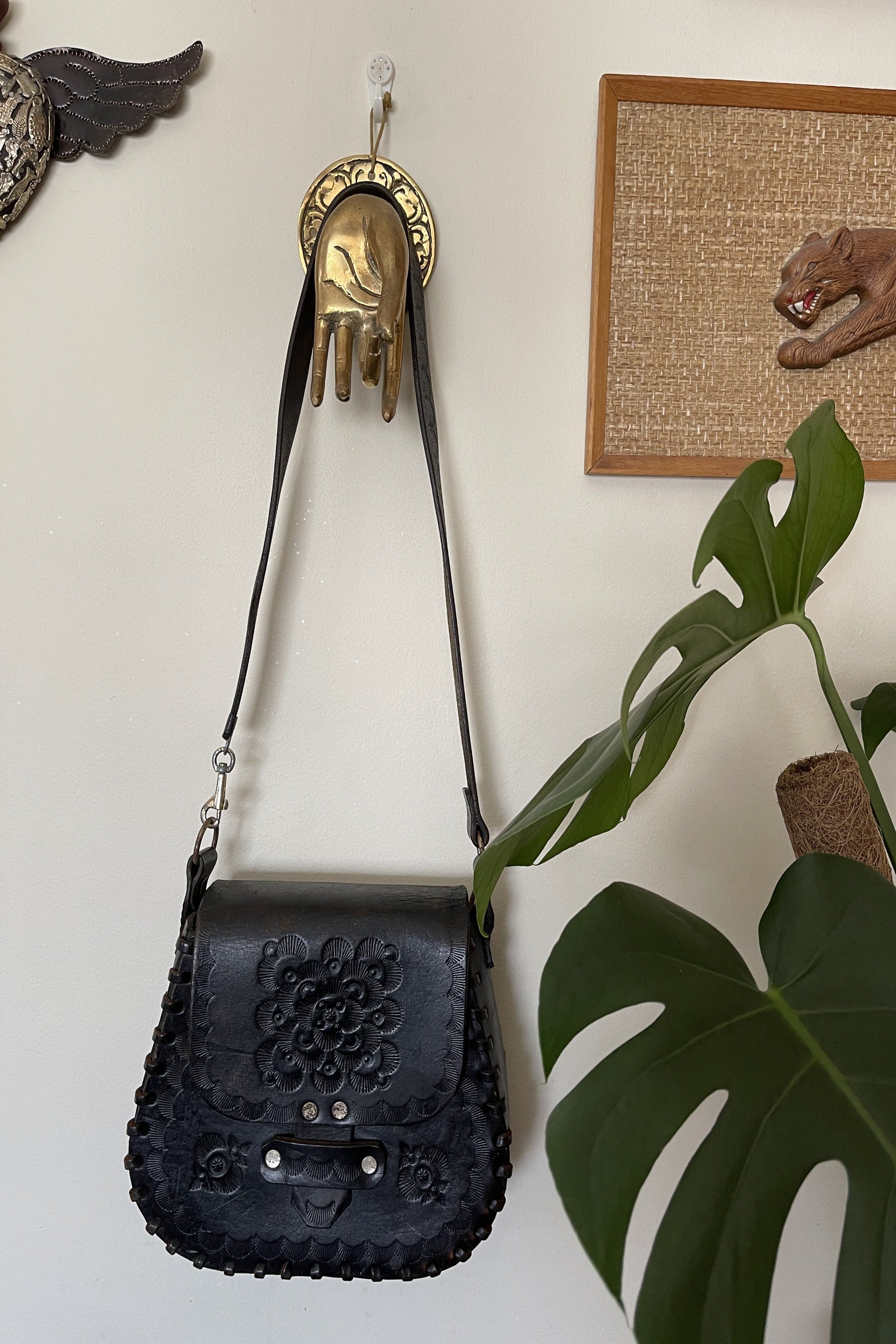 Vintage 1970s Hand Tooled Black Leather Handbag