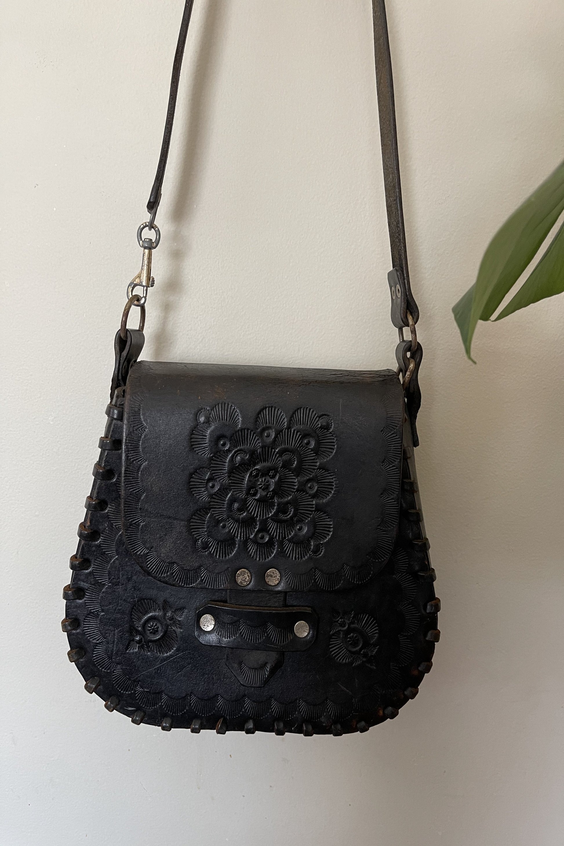 Vintage 1970s Hand Tooled Black Leather Handbag