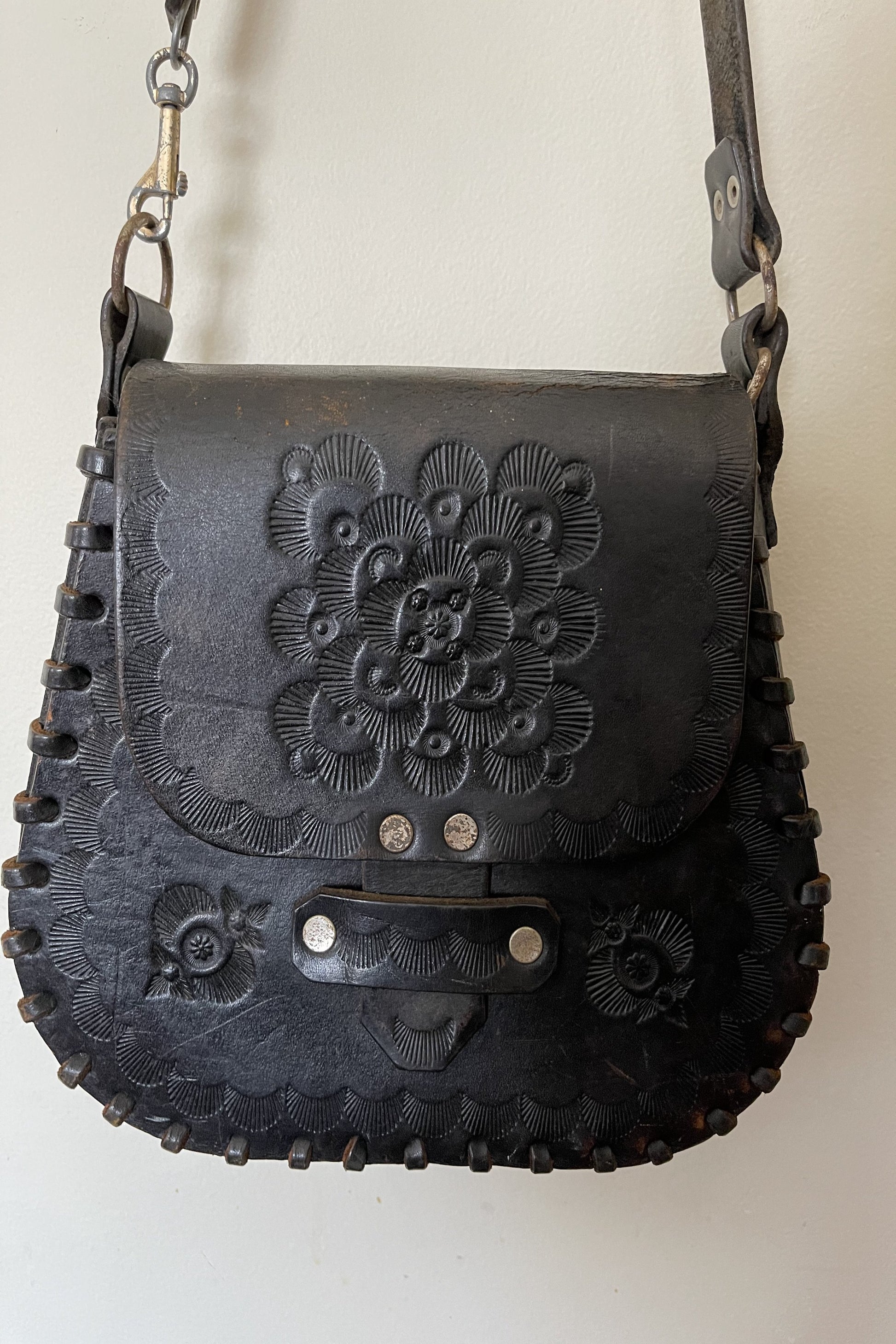 Vintage 1970s Hand Tooled Black Leather Handbag