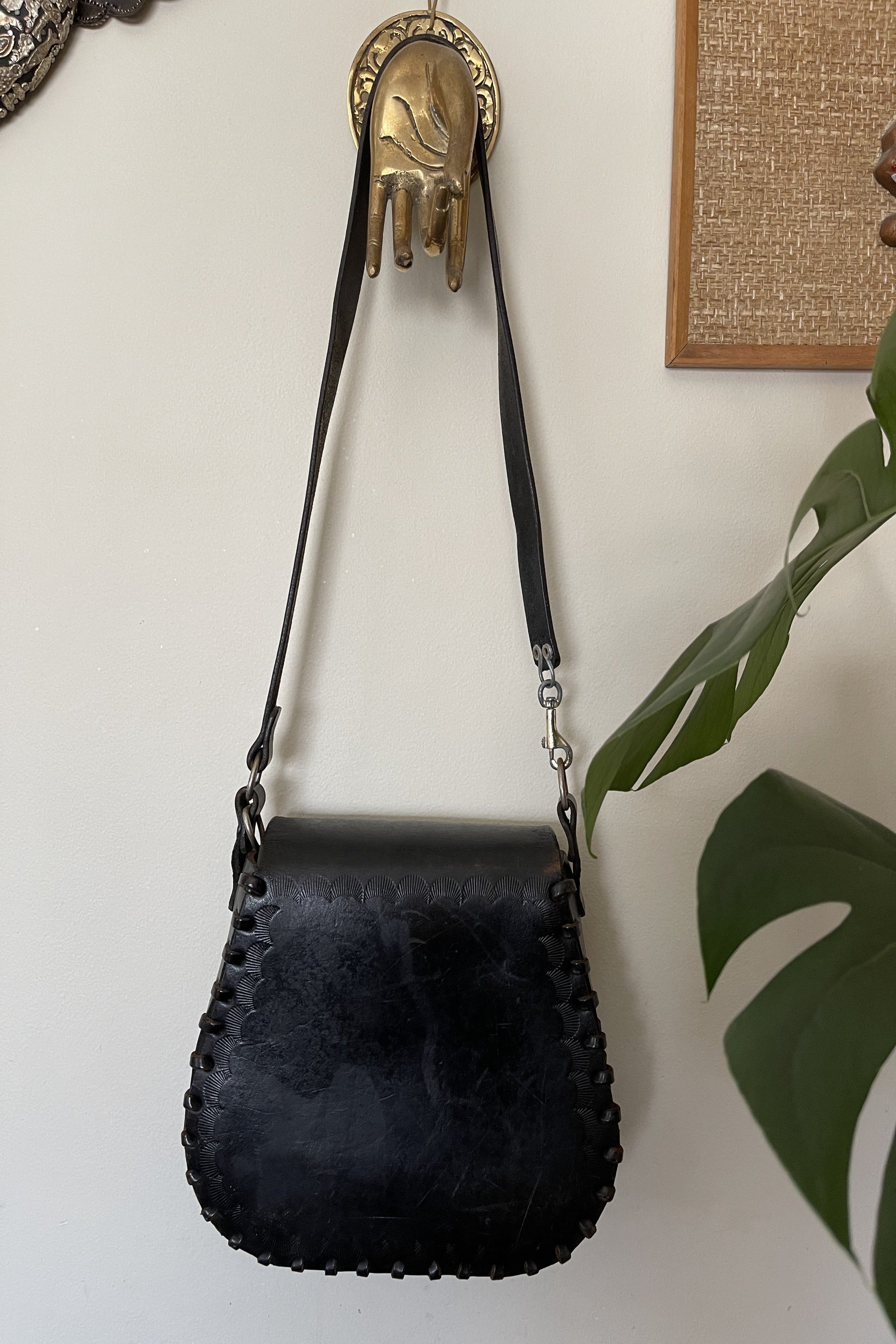 Vintage 1970s Hand Tooled Black Leather Handbag