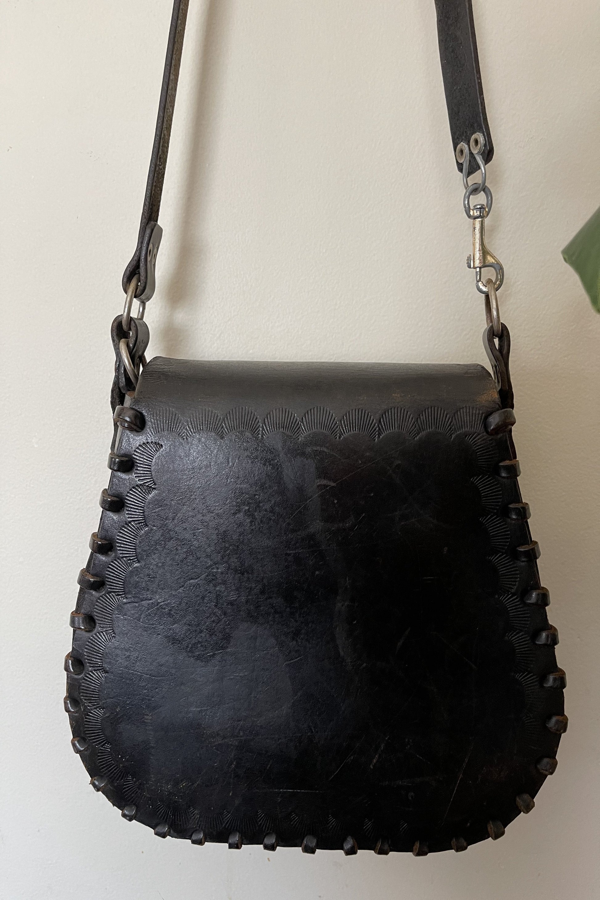Vintage 1970s Hand Tooled Black Leather Handbag