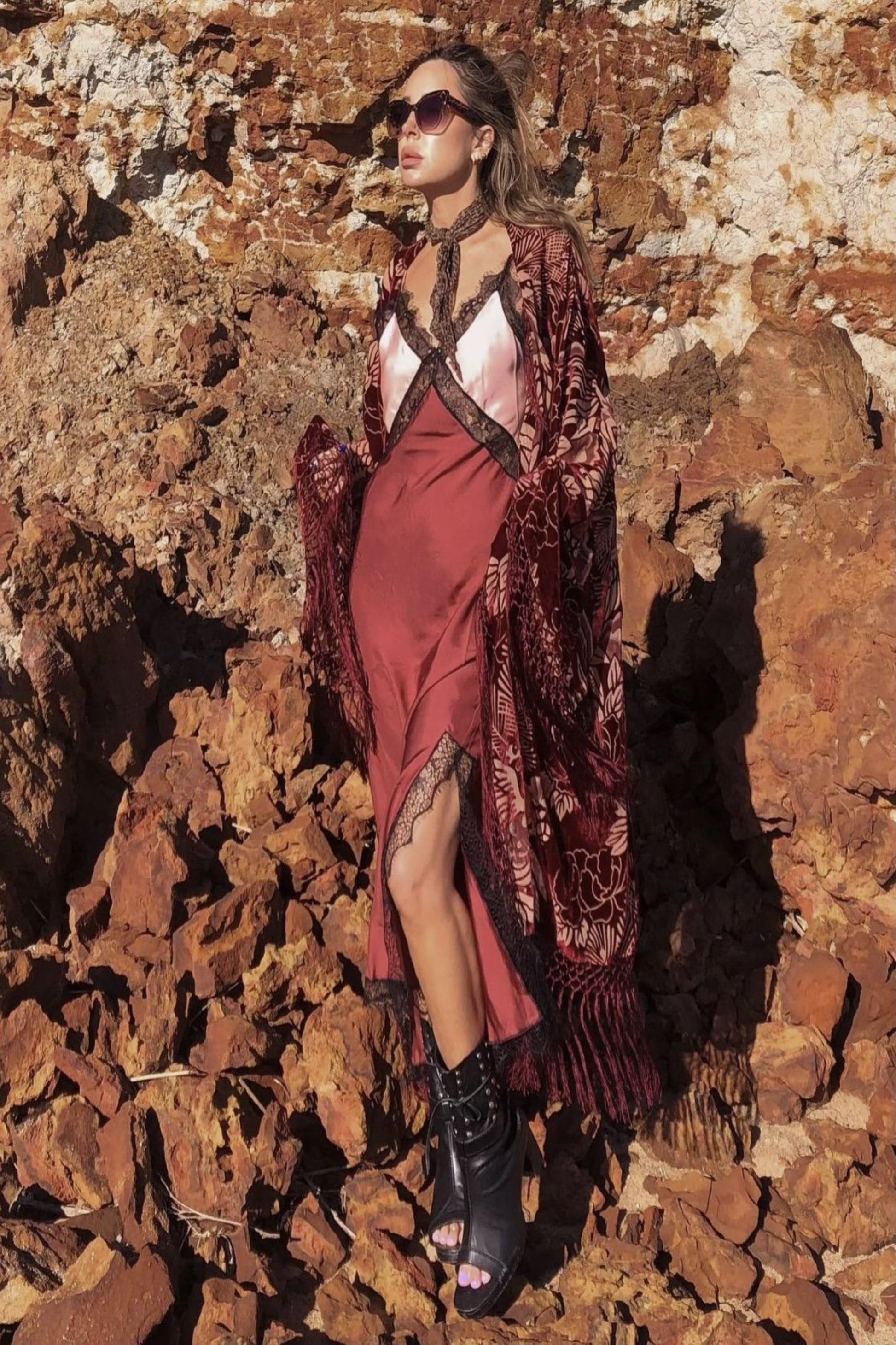 Cranes In The Sky Wide Sleeve Robe - Raspberry