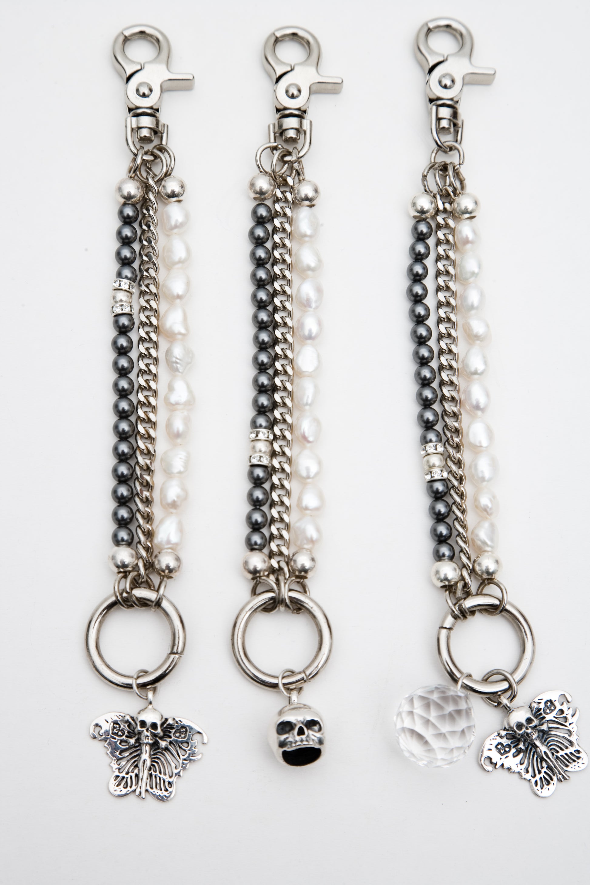3 Stand Pearls Sterling Silver Skull Bracelet