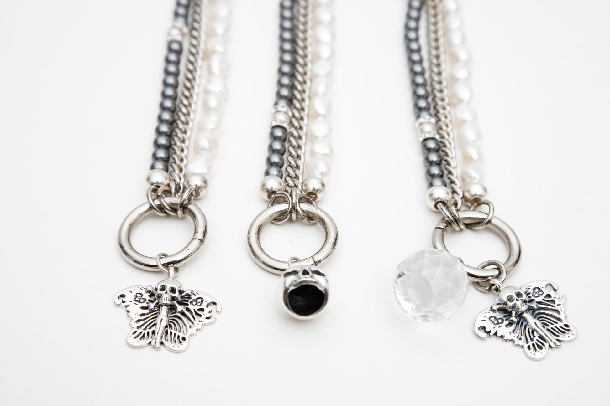 3 Stand Pearls Sterling Silver Skull Bracelet
