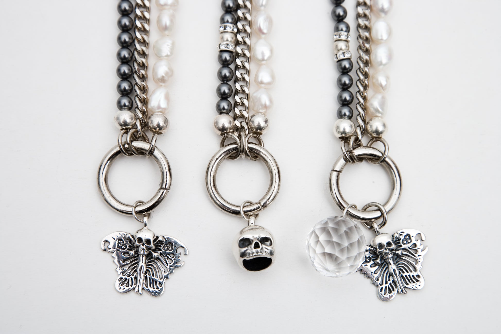 3 Stand Pearls Sterling Silver Skull Bracelet