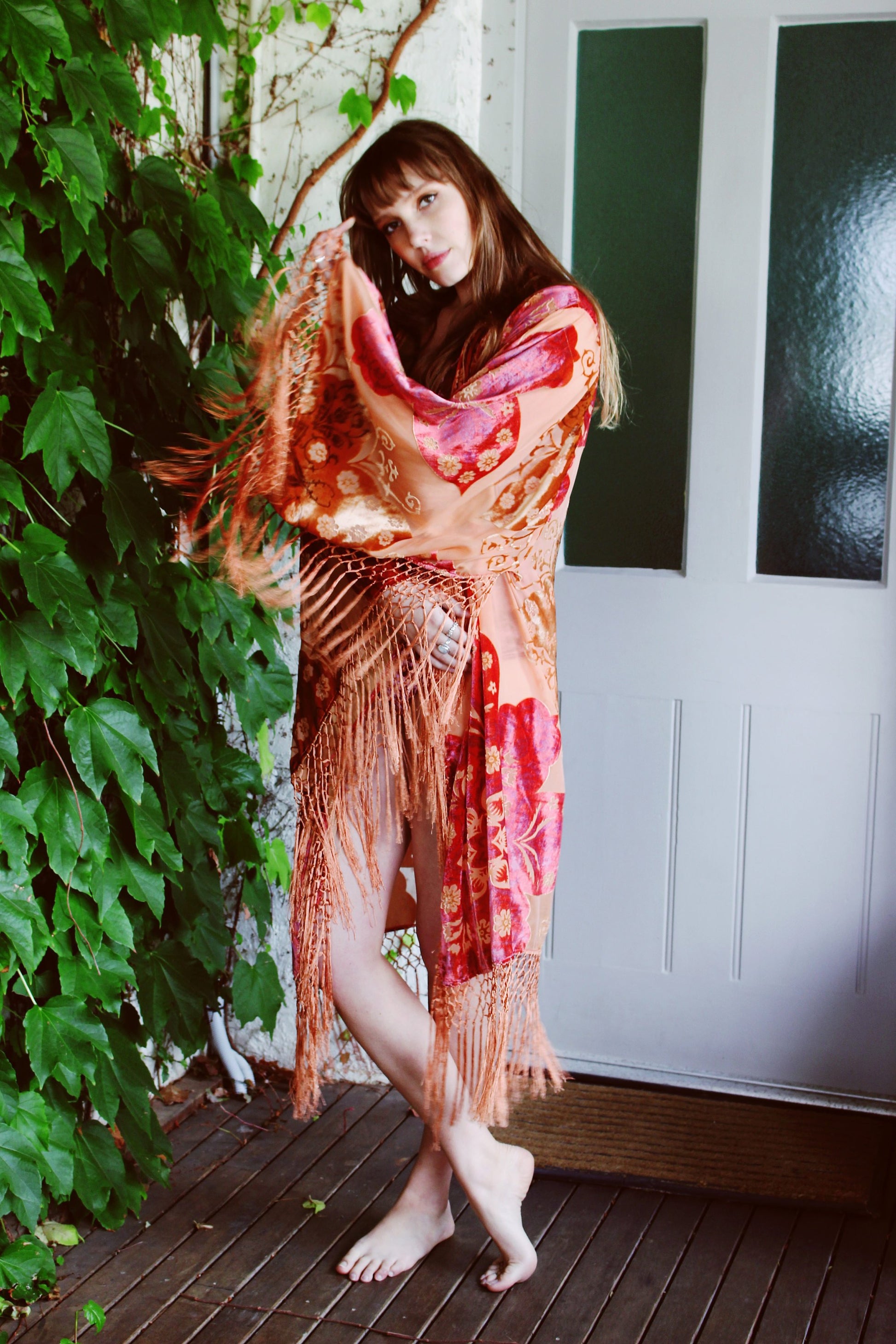 Wedding Floral Robes - Rustic Bridal Robe - Boho Festival Kimono - Gypsy Bridal Kimono Robe - Fringed Bridal Robe - Bridesmaid Silk Kimonos