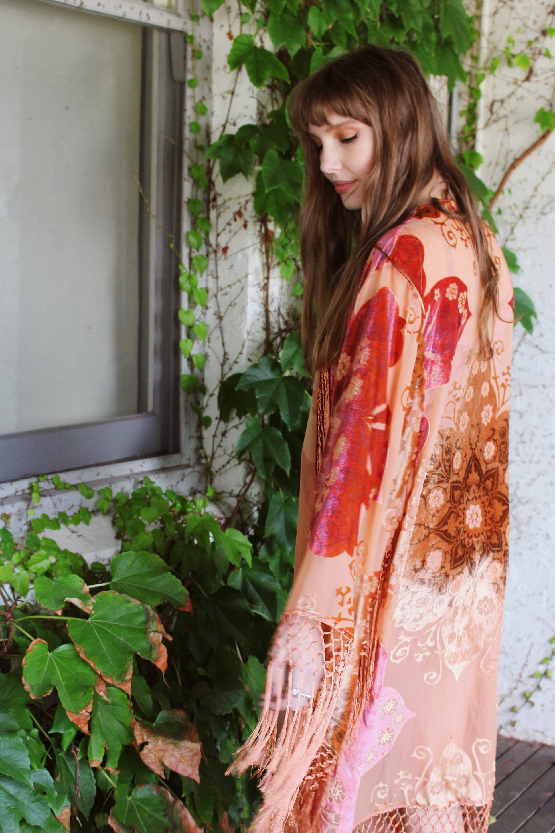 Wedding Floral Robes - Rustic Bridal Robe - Boho Festival Kimono - Gypsy Bridal Kimono Robe - Fringed Bridal Robe - Bridesmaid Silk Kimonos