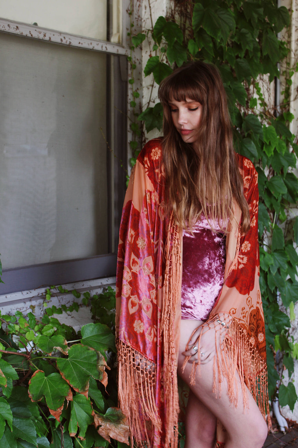 Wedding Floral Robes - Rustic Bridal Robe - Boho Festival Kimono - Gypsy Bridal Kimono Robe - Fringed Bridal Robe - Bridesmaid Silk Kimonos