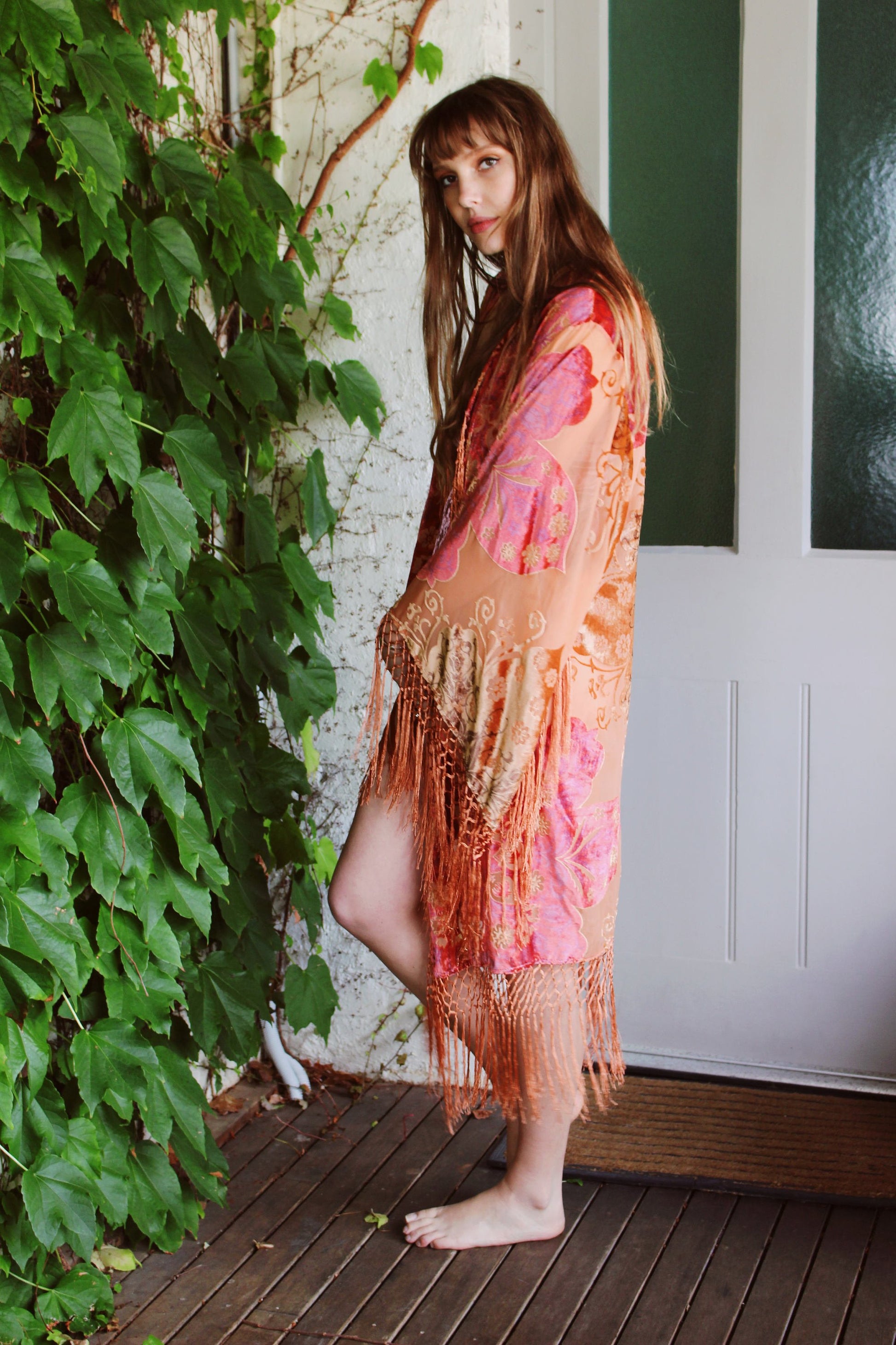 Wedding Floral Robes - Rustic Bridal Robe - Boho Festival Kimono - Gypsy Bridal Kimono Robe - Fringed Bridal Robe - Bridesmaid Silk Kimonos