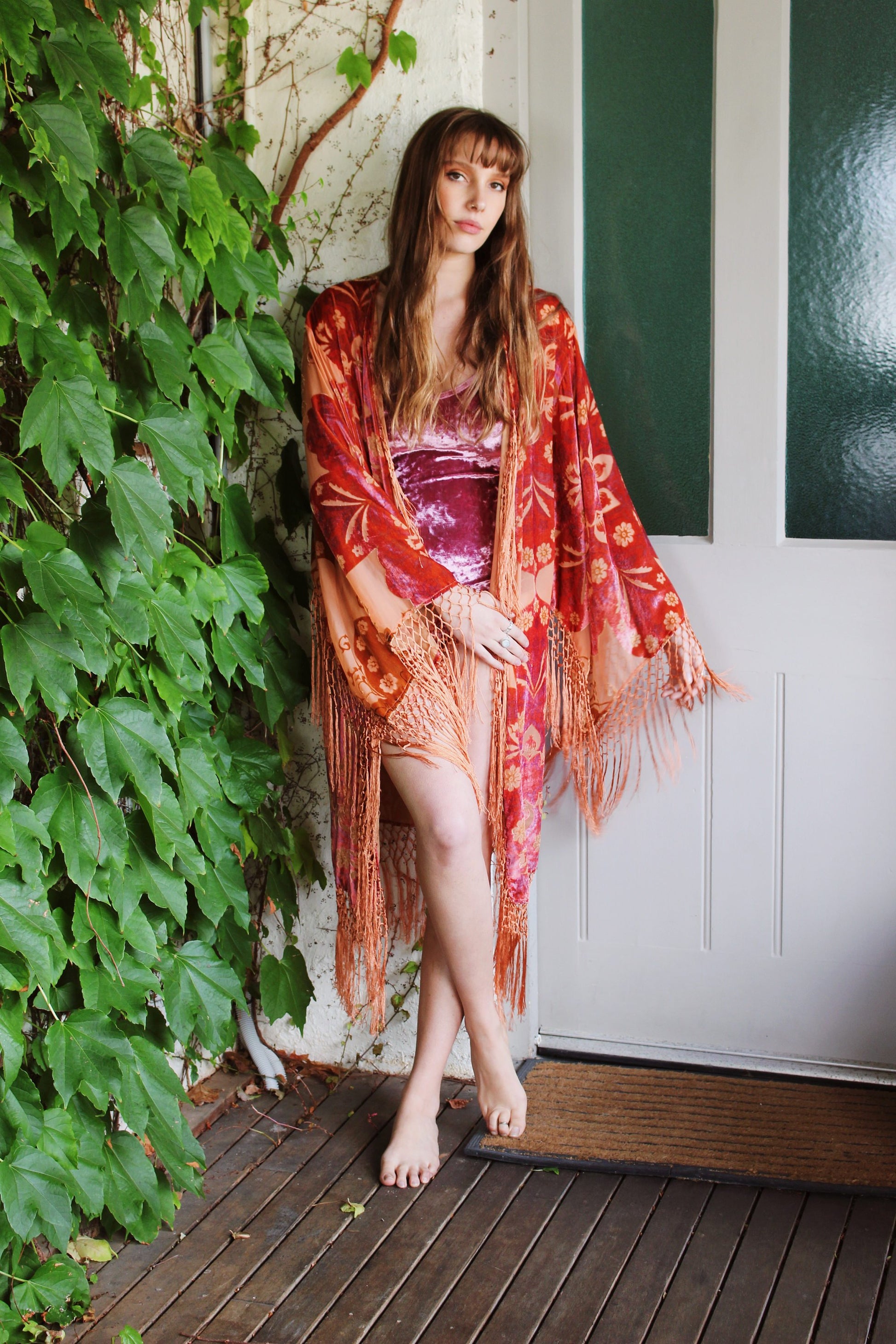 Wedding Floral Robes - Rustic Bridal Robe - Boho Festival Kimono - Gypsy Bridal Kimono Robe - Fringed Bridal Robe - Bridesmaid Silk Kimonos