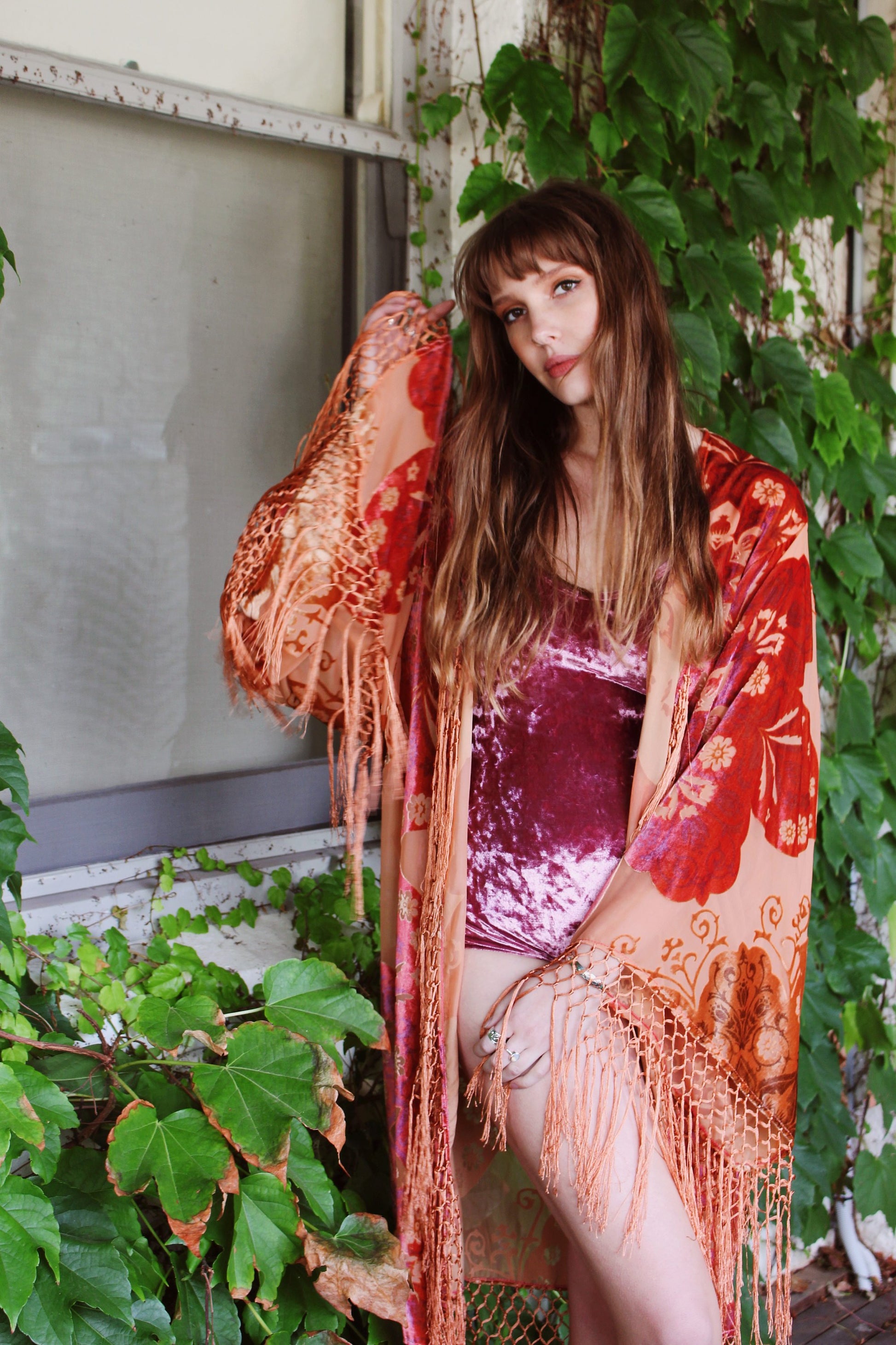 Wedding Floral Robes - Rustic Bridal Robe - Boho Festival Kimono - Gypsy Bridal Kimono Robe - Fringed Bridal Robe - Bridesmaid Silk Kimonos