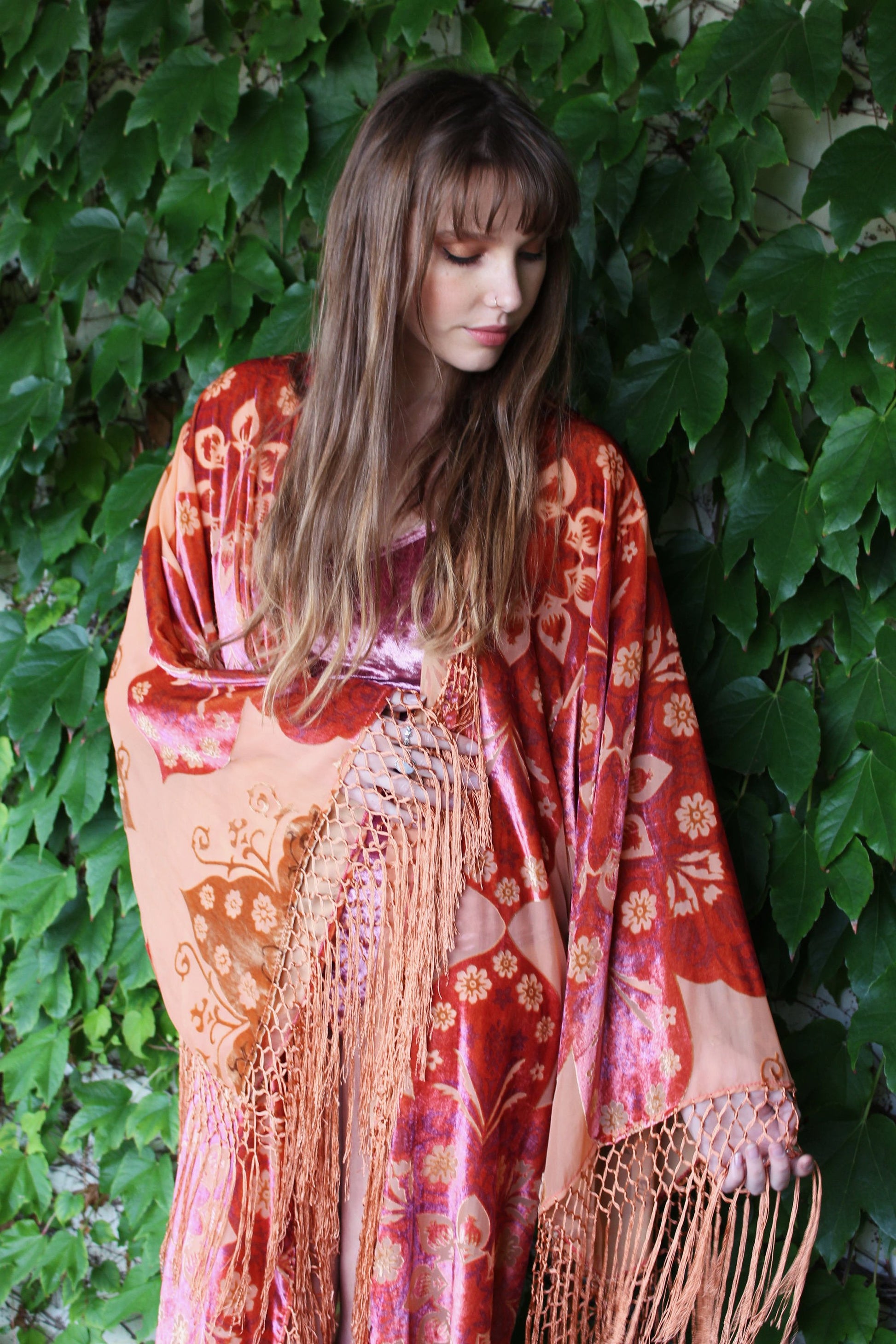 Wedding Floral Robes - Rustic Bridal Robe - Boho Festival Kimono - Gypsy Bridal Kimono Robe - Fringed Bridal Robe - Bridesmaid Silk Kimonos