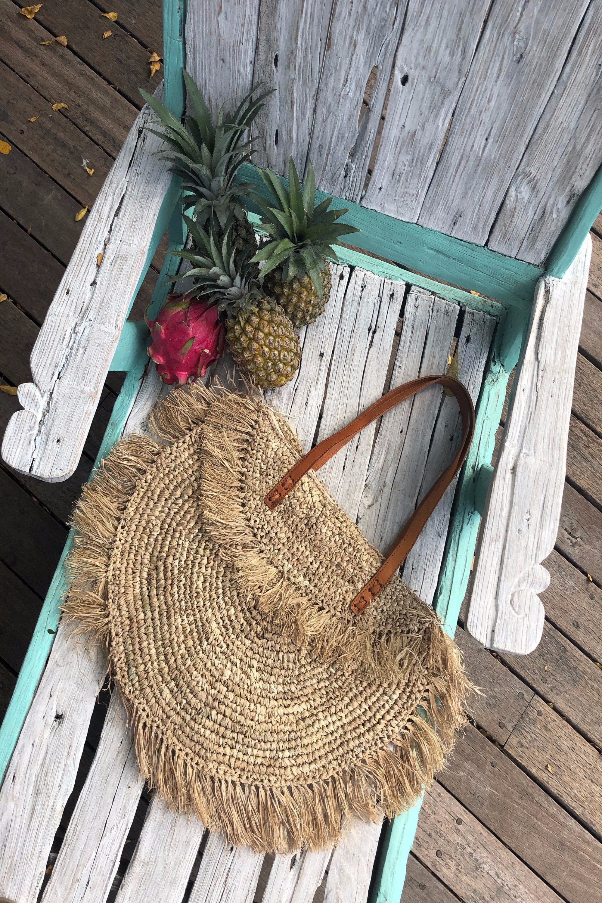 Beach Basket Bag - Boho Bag Fringe - Straw Beach Bag - Oversized Bag - Boho Tassel Bag - Leather Handle  - Raffia Bag - Bohemian Wife Gift