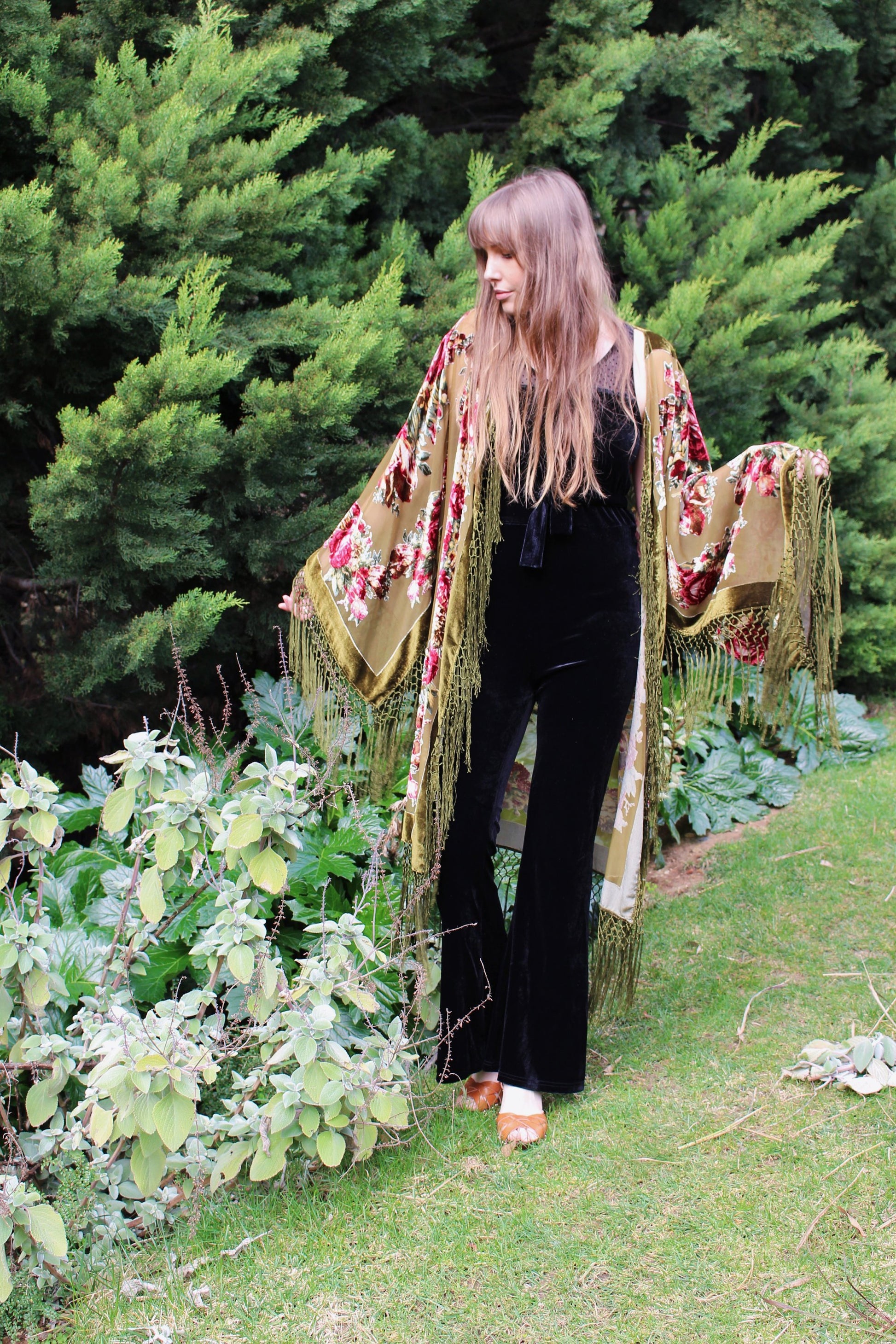 Bridal Floral Robes - Boho Festival Kimono - Green Kimono Jacket - Floral Rose Kimono - Silk Kimono Cardigan - Rustic Silk Kimono