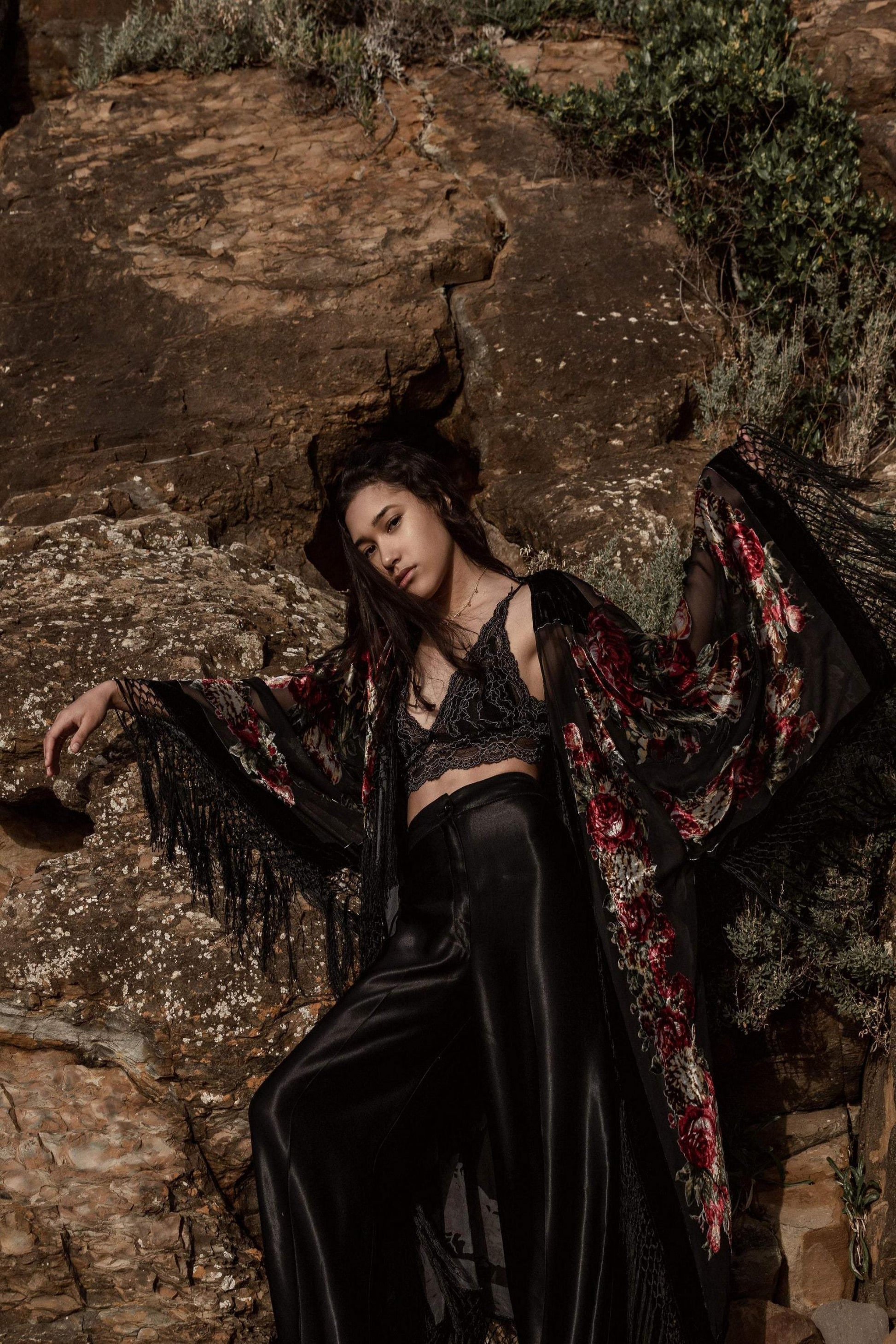 Boho Bridal Kimono Robe - Burnout Velvet Kimono - Fringed Velvet Kimono - Plus Size Kimono - Swimsuit Coverup - Boho Kimono  - Silk Kimono