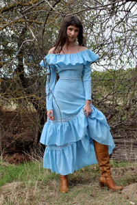Vintage 1970s Off The Shoulder Boho Prairie Dress